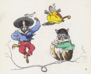 Dame Trottypeg en haar huisdier kat en hond door Charles Henry (after) Bennett