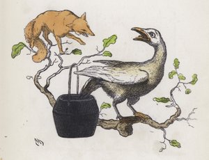 Vos en een gans met zijn staart in een pot lijm (gekleurde gravure) door Charles Henry (after) Bennett