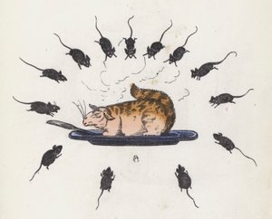 Vraatzuchtige kat op een bord omringd door hongerige muizen door Charles Henry (after) Bennett