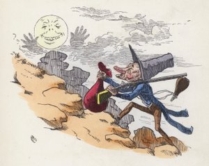 Man die een heuvel beklimt om op de Maan te schieten (gekleurde gravure)