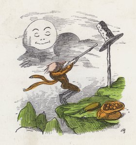 Man die op zijn hoed schiet uit frustratie omdat hij de Maan niet kan raken (gekleurde gravure) door Charles Henry (after) Bennett