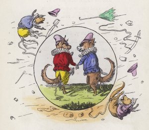 Twee honden in Tudor-kostuum op een winderige dag met hun staarten aan elkaar gebonden om te voorkomen dat ze wegwaaien door Charles Henry (after) Bennett