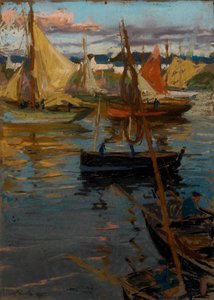 Een avondgloed met een rozenpad in de schaduw (boten Concarneau) door Charles Henry Fromuth
