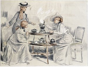 Dames die thee drinken rond een kleine samovar - tekening door Henri Tenré, ca. 1910 door Charles Henry Tenre