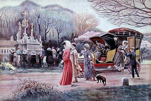 Reizigers stoppen om te bidden voor een wegkruis in Bretagne op Paasdag door Charles Henry Tenre