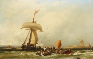 Duits: Nederlands Kustgezicht met Zeilschip en Boten Nederlands Kustgezicht met Zeilschip en Boten