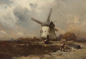 Landschap met windmolen en decoratieve figuren