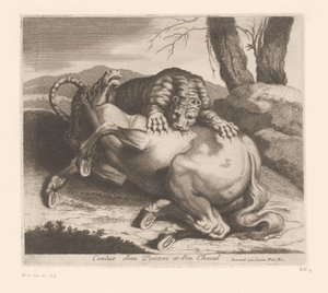 Gevecht tussen panter en paard door Charles II Errard (attributed to)