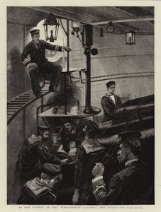 In de toren van HMS Conqueror, het laden van de vijfenveertig ton kanonnen door Charles J. Staniland