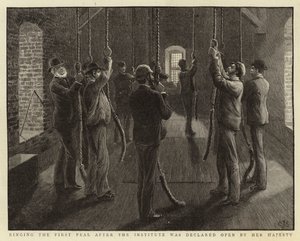 Het luiden van de eerste klok nadat het instituut door Hare Majesteit werd geopend