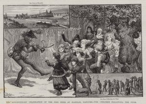 De zesde-eeuwse viering van de rattenvanger van Hamelen, Hannover, de kinderen die de rattenvanger volgen