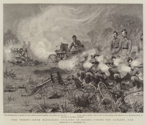 De zesentwintigste Middlesex-fietsers in Zereba, het afvuren van het Gatling-kanon door Charles J. Staniland