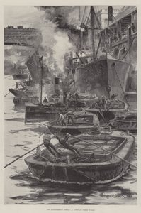De staking van de lichters, een scène bij Fresh Wharf door Charles John de Lacy