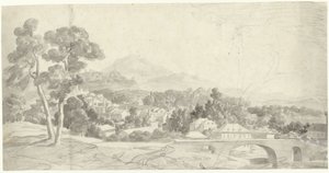 Landschap met een stad bij een brug door Charles Joseph Natoire (attributed to)