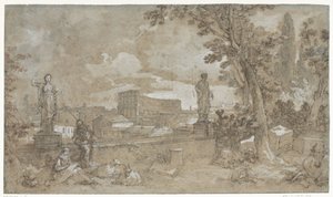 Gezicht op een gedeelte van de Farnesische Tuinen op de Palatijn te Rome door Charles Joseph Natoire