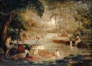 Badhuis: Vrouwen badend bij een rivier door Charles Julian Tharp