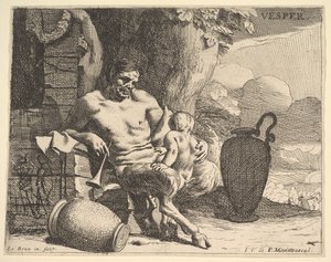 Avond: een zittende sater omhelst zijn kind, een figuur hangt een slinger aan een pier door Charles Le Brun