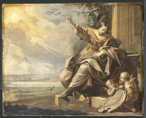 Duits: Zittende vrouwenfiguur met twee Putti en rivierlandschap, Grisaille Allegorische vrouwenfiguur met twee Putti door Charles Le Brun