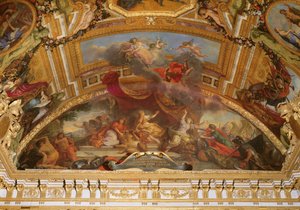 Holland aanvaardt vrede en scheidt zich af van het Heilige Roomse Rijk en van Spanje in 1678, plafondschildering uit de Galerie des Glaces door Charles Le Brun