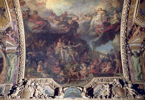 Koning Lodewijk XIV (1638-1715) regeert alleen in 1661, plafondschildering uit de Galerie des Glaces door Charles Le Brun