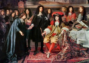 Lodewijk XIV richt de Academie van Wetenschappen op ... door Charles Le Brun