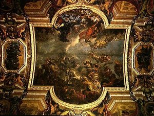 Uitzicht op De koning neemt Maastricht in dertien dagen in 1673 en de oversteek over de Rijn in aanwezigheid van de vijanden in 1672, plafondschildering uit de Galerie des Glaces door Charles Le Brun