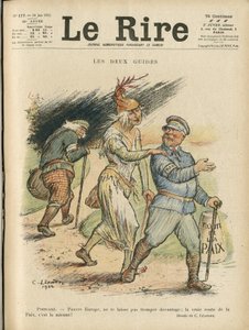 Illustratie van Charles Leandre (1862-1934) voor de omslag van Le Rire, 24/06/22 - De twee gidsen - Engeland Groot-Brittannië, Europa, President van de Republiek, Vrede, Hoed - Poinsare Raymond, David Lloyd George (1863-1945)