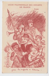 Ansichtkaart, Satirisch in Kleuren: Ligue fraternelle des enfants de France - Oorlog van 14-18, Kindertijd, Patriottische dagen Illustratie door Charles Leandre (1862-1934) door Charles Leandre