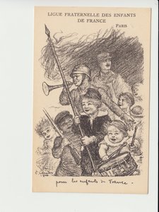 Ansichtkaart, Satirique in Zwart-Wit: Ligue fraternelle des enfants de France - Oorlog van 14 -18, Muziek, Kindertijd, Ligue fraternelle des enfants de France - Soldaten Illustratie door Charles Leandre (1862-1934) door Charles Leandre