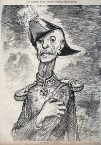 De acteurs van de grote Dreyfus-komedie - Portret van Raoul Le Mouton de Boisdeffre (Generaal de Boisdeffre) (1839-1919), Franse militair - cartoon door Charles Leandre (1862-1934) in 