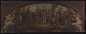 Schets voor het Denon-paviljoen in het Louvre: De vier leeftijden van de artistieke levens in Frankrijk - Presentatie aan Frans I van plannen voor het Château de Fontainebleau, circa 1864