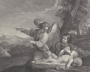 De engel verschijnt aan Hagar in de wildernis terwijl ze haar handen vouwt naast de slaap door Charles Louis Simonneau