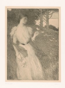 Vrouw laat bloembladeren wegwaaien in de wind door Charles Lucien Leandre