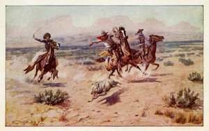 Cowboys achtervolgen een prairie wolf door Charles Marion Russell