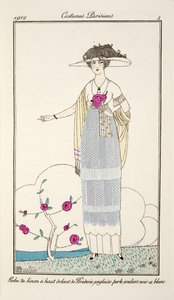 Robe de linon à haut volant de Broderie anglaise perle souliers noir et blanc, Plaat 5, Costumes Parisiens gepubliceerd in Journal des Dames et des Modes, 1912 (handgekleurde gravure)
