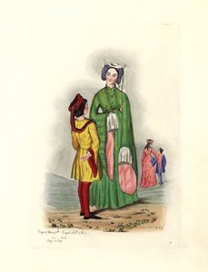 Typisch vrouwelijk kostuum in de tijd van Hendrik V, illustratie uit 