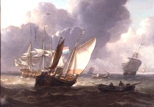 Nederlandse Drie-Masters en Kleine Vaartuigen in een Zwelling door Charles Martin Powell