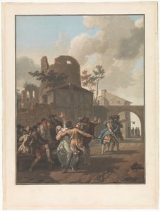 Vier genrevoorstellingen van dorpsleven door Charles Melchior Descourtis