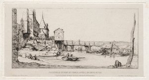 Voetgangersbrug Tijdelijk Vervangend de Wisselbrug, Parijs, na de brand van 1621 door Charles Meryon