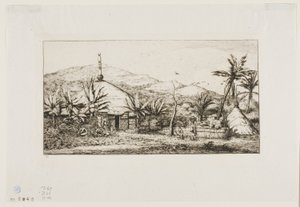 Nieuw-Caledonië: Grote Inheemse Hut op de Weg van Balade naar Puépo, 1845 door Charles Meryon