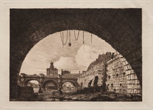 De Nieuwe Brug en de Samaritaine gezien van onder de Eerste Boog van de Wisselbrug, Parijs door Charles Meryon