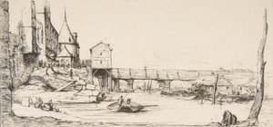 De voetgangersbrug die tijdelijk de Pont-au-Change vervangt, Parijs, na de brand van 1621 door Charles Meryon