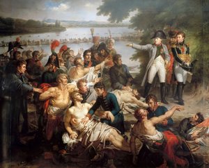 De terugkeer van Napoleon naar het eiland Lobau na de Slag bij Essling, 23 mei 1809 door Charles Meynier