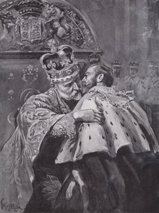Koning Edward VII omhelst zijn zoon, de Prins van Wales, bij de kroning van de koning, Westminster Abbey, Londen door Charles Mills (after) Sheldon