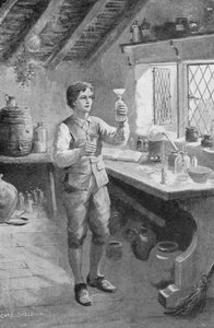 De jonge Humphry Davy doet zijn eerste experimenten (litho)