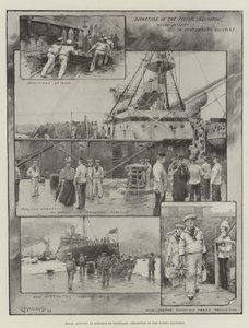 Marineactiviteit in de haven van Portsmouth, vertrek van het vliegende eskader (litho)