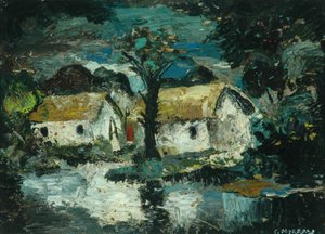 Huisje met stroom (olieverf op board) door Charles Murray