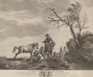 Een ongeluk tijdens het reizen, een knielende man die een gebroken zadel repareert, een paard dat plast door Charles Nicolas Cochin