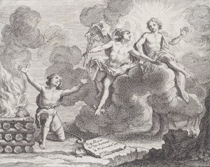 Apollo, Mercurius en de herderinnen, Fabel X in La Motte, Fables Nouvelles, 1719 door Charles Nicolas Cochin