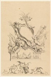Ontwerp voor cartouche met kroon, twee putti die Bacchus dienen, en twee leeuwen uit 